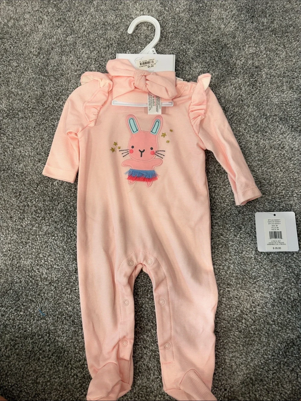 Baby Girls' Pink Bunny Footed Pajamas with Ruffle Shoulders